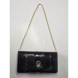 Vintage Black Leather Clutch Shoulder Bag Gold Chain Made in Argentina
